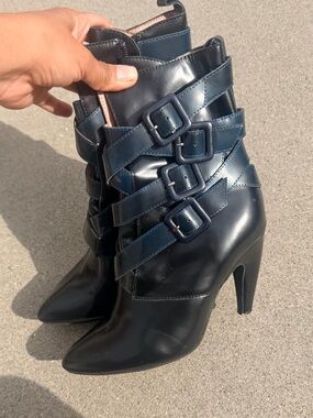 Jeffrey Campbell Navy and Black Strappy Buckle High-Heel Ankle Boots